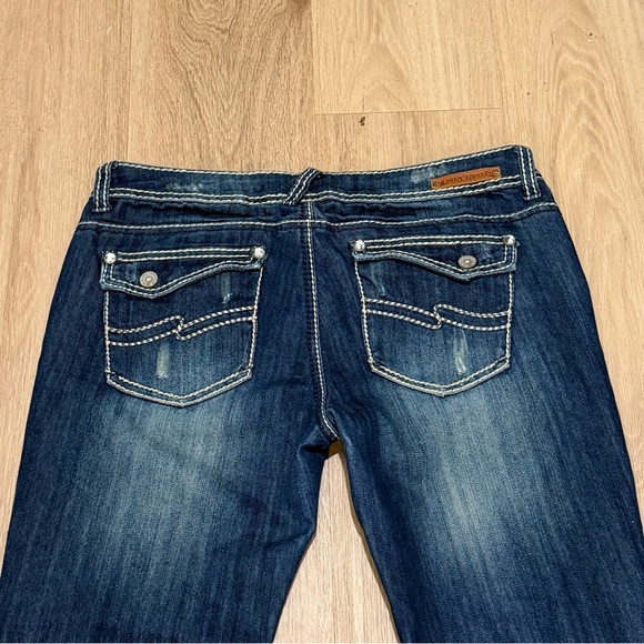 Almost Famous Women's Dark Blue Distressed Boot Cut Jeans size 11 - Picture 5 of 5